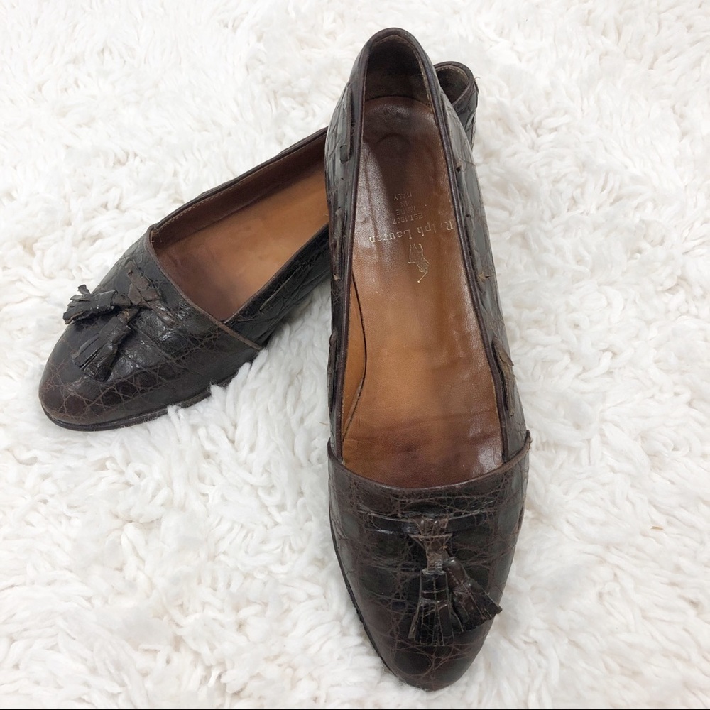 Ralph Lauren Vintage Crocodile Leather Slip On Brown Loafers Italy size 6.5